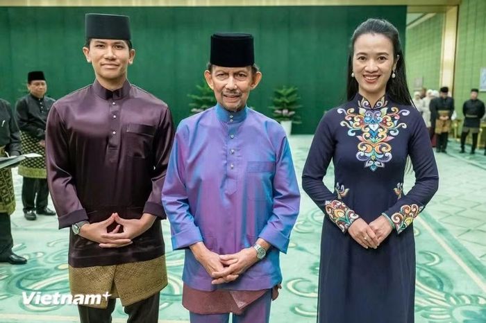 Quốc vương Haji Hassana Bolkiah và Hoàng tử Abdul Mateen, Bộ trưởng Ngoại giao Brunei chụp ảnh lưu niệm cùng Đại sứ Việt Nam tại Brunei Đỗ Thùy Dương. (Ảnh: Bộ Ngoại giao Brunei cung cấp)