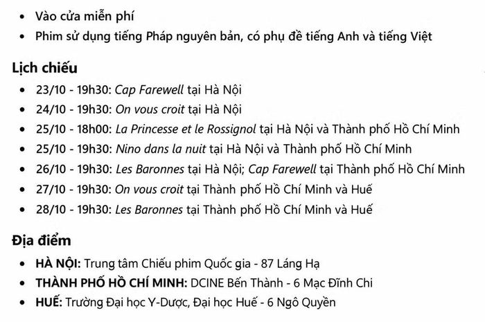 Lịch và địa điểm chiếu phim.