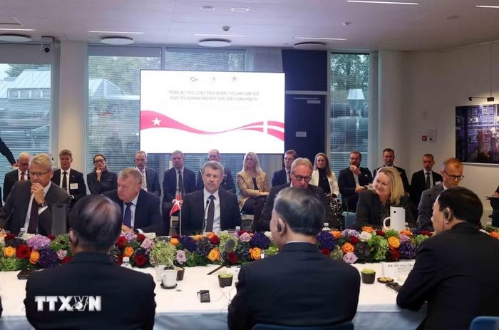 Tổng Bí thư, Chủ tịch nước Tô Lâm và Nhà Vua Đan Mạch Frederik X gặp gỡ lãnh đạo một số doanh nghiệp tiêu biểu của Đan Mạch. (Ảnh: Thống Nhất/TTXVN)