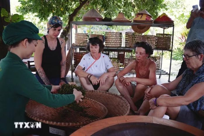 Du khách quốc tế trải nghiệm làm chè thủ công truyền thống tại Hợp tác xã trà và du lịch cộng đồng Tiến Yên, xã Tân Cương. (Ảnh: Thu Hằng/TTXVN)
