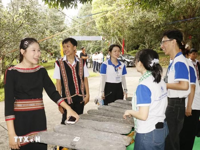 Em Nguyễn Hoàng Thu Thủy, học sinh lớp 9, Trường Tiểu học-Trung học cơ sở Lộc Thành, xã Lộc Thành chia sẻ về nghệ thuật trình diễn đàn đá tại một sự kiện ở địa phương. (Ảnh: K GỬIH/TTXVN)