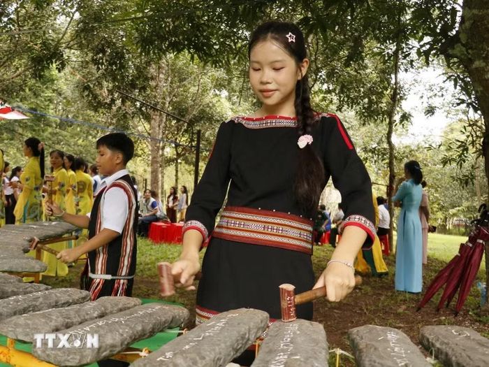 Em Nguyễn Hoàng Thu Thủy, học sinh lớp 9, Trường Tiểu học-Trung học cơ sở Lộc Thành, xã Lộc Thành biểu diễn đánh đàn đá tại một sự kiện ở địa phương. (Ảnh: K GỬIH/TTXVN)