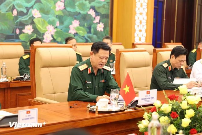 Thượng tướng Nguyễn Trường Thắng, Thứ trưởng Bộ Quốc phòng Việt Nam phát biểu tại Đối thoại. (Ảnh: Hằng Trần/Vietnam+)