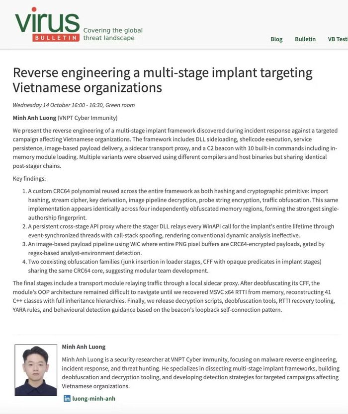 Nghiên cứu của VNPT Cyber Immunity được giới thiệu trong chương trình Virus Bulletin Conference 2026.