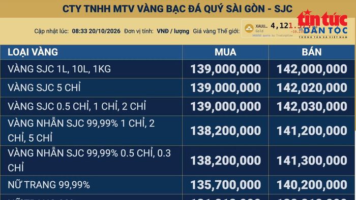 Bảng giá vàng trong nước được cập nhật lúc 8 giờ 33 phút. Ảnh chụp màn hình