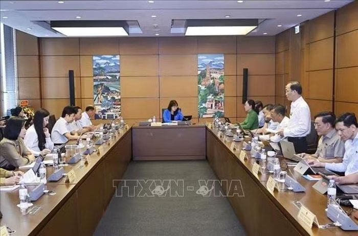 Đoàn đại biểu Quốc hội các tỉnh Vĩnh Long và Lào Cai thảo luận ở tổ. Ảnh: Doãn Tấn/TTXVN
