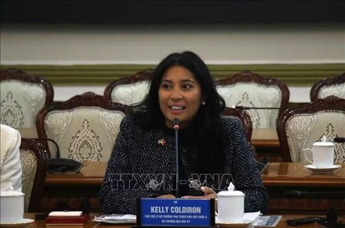 Bà Kelly Coldiron, Phó Trợ lý Bộ trưởng Thương mại Hoa Kỳ phụ trách châu Á phát biểu tại buổi làm việc.
