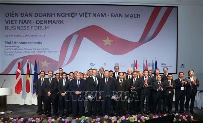 Tổng Bí thư, Chủ tịch nước Tô Lâm và Nhà Vua Đan Mạch Frederik X cùng các đại biểu và các doanh nghiệp hai nước. Ảnh: Thống Nhất/TTXVN