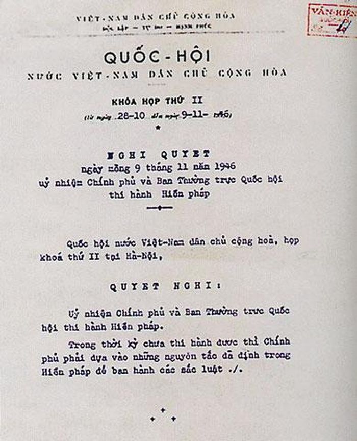Bản chụp Nghị quyết ngày 9/11/1946 ủy nhiệm Chính phủ và Ban Thường trực Quốc hội thi hành Hiến pháp -  Ảnh: Bảo tàng Lịch sử quốc gia