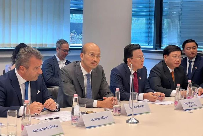 Đại sứ đặc mệnh toàn quyền Việt Nam tại Hungary Bùi Lê Thái; Chủ tịch Phòng Thương mại và Công nghiệp Hungary Forintos Róbert và Phó Chủ tịch Thường trực UBND tỉnh Mai Xuân Liêm tại buổi làm việc. Ảnh: Sở Ngoại vụ