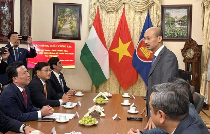 Đại sứ đặc mệnh toàn quyền Việt Nam tại Hungary Bùi Lê Thái phát biểu tại buổi làm việc với tỉnh Thanh Hóa. Ảnh: Sở Ngoại vụ