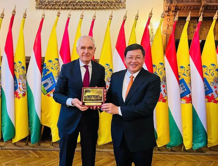 Phó Chủ tịch Thường trực UBND tỉnh Mai Xuân Liêm tặng quà lưu niệm cho đại diện chính quyền thành phố Kaposvár. Ảnh: Sở Ngoại vụ