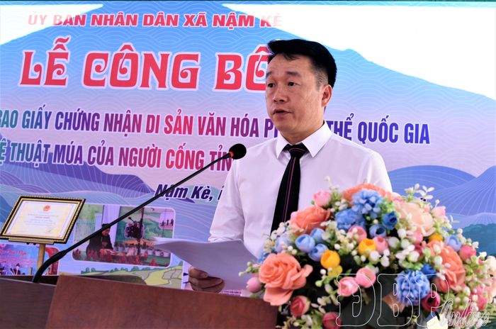 Ông Nguyễn Tiến Thành, Chủ tịch UBND xã Nậm Kè phát biểu tại lễ công bố.