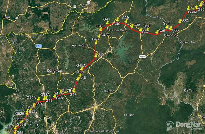 Hướng tuyến Dự án Đường dây 500kV Krông Buk - Tây Ninh 1 theo đề xuất của đơn vị tư vấn. Ảnh minh họa