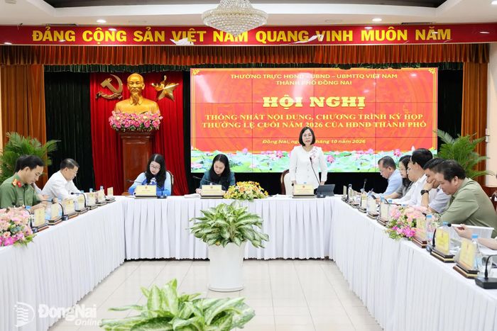 Thành ủy viên, Phó Chủ tịch UBND thành phố Nguyễn Thị Hoàng phát biểu tại hội nghị. Ảnh: Hồ Thảo