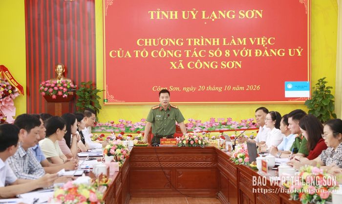 Đại tá Vũ Thanh Tùng, Giám đốc Công an tỉnh, Tổ trưởng Tổ công tác phát biểu kết luận buổi làm việc