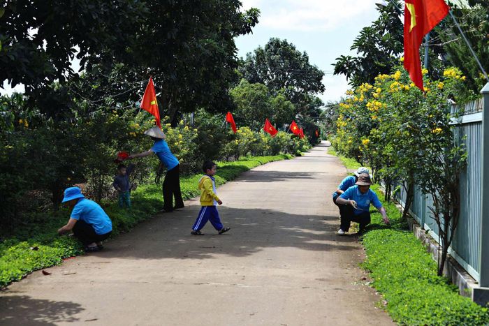 Người dân thôn Từ Liêm, xã Nam Ban Lâm Hà chăm sóc tuyến đường hoa nông thôn trên địa bàn