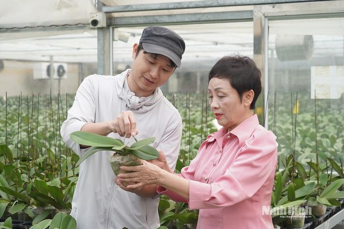 Bà Trần Thị Loan trao đổi với kỹ sư Dự án nhằm đảm bảo hoa lan cung ứng dịp Tết Nguyên đán.