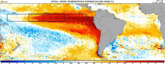 Mô hình El Niño mới nhất từ cơ quan khí tượng Peru cho thấy "nhánh thứ hai" của hiện tượng ấm lên đại dương. Ảnh: Surfer
