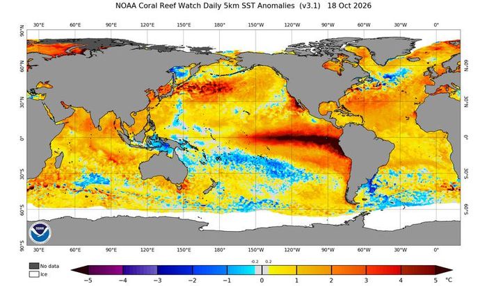 NOAA công bố biểu đồ bất thường nhiệt độ bề mặt biển ngày 18/10.