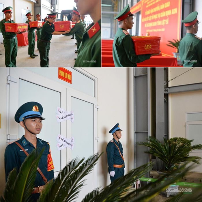Các mẫu sinh phẩm hài cốt liệt sĩ được bàn giao trang trọng, bảo quản trong khu vực niêm phong, có lực lượng canh gác nghiêm ngặt trước khi vận chuyển về Hà Nội. Ảnh: Tuấn Anh