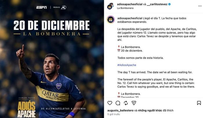  Bài thông báo của Tevez về trận đấu chia tay sự nghiệp của mình. 
