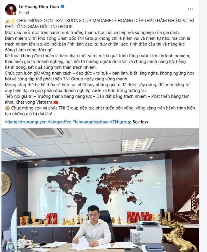  Bài đăng chúc mừng con trai cả của nữ doanh nhân Lê Hoàng Diệp Thảo trên trang cá nhân. Ảnh: FBNV. 