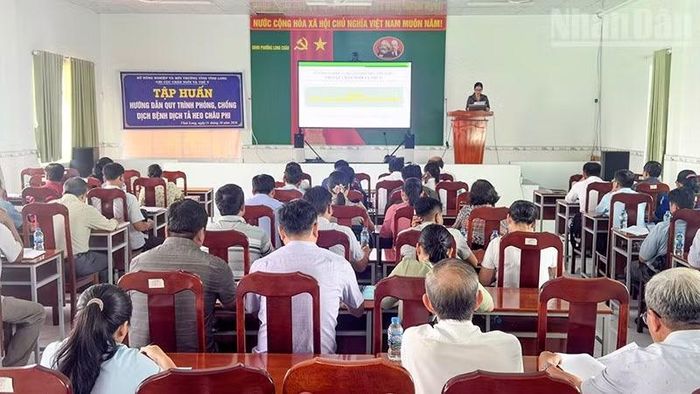 Ngành chức năng tỉnh Vĩnh Long tập huấn cho cán bộ cơ sở và chủ lò giết mổ tập trung trên địa bàn tỉnh. (Ảnh: BÁ DŨNG)