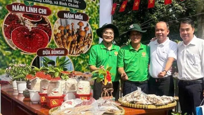 Sản phẩm nấm mối, nấm linh chi do Trại nấm hữu cơ của anh Trần Thanh Ngàn nuôi trồng được giới thiệu tại một chương trình do Ủy ban nhân dân và Hội Nông dân xã Bình Chánh tổ chức. (Ảnh: CTV)