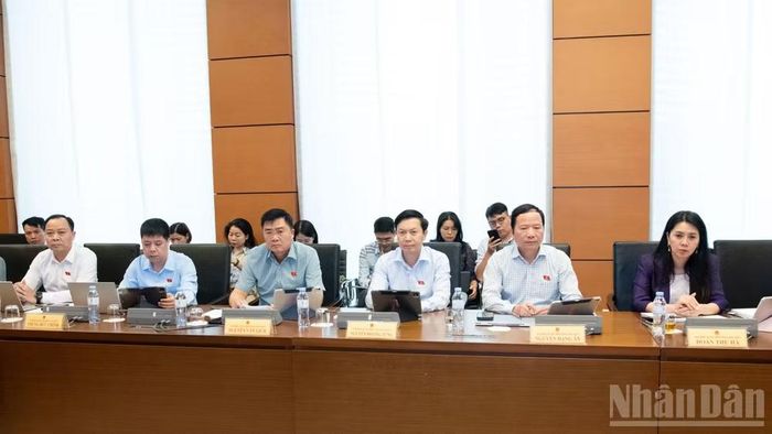 Đại biểu Quốc hội thảo luận tại tổ về dự án Luật sửa đổi, bổ sung một số điều của Luật Bảo hiểm xã hội. (Ảnh: DUY LINH)