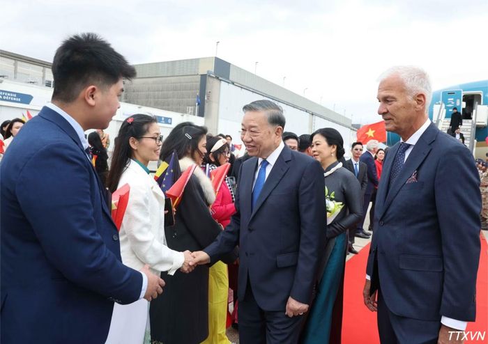 Cán bộ, nhân viên Đại sứ quán và cộng đồng người Việt Nam đón Tổng Bí thư, Chủ tịch nước Tô Lâm và Phu nhân Ngô Phương Ly tại sân bay quân sự Melsbroek, Brussels. (Ảnh: Thống Nhất/TTXVN)