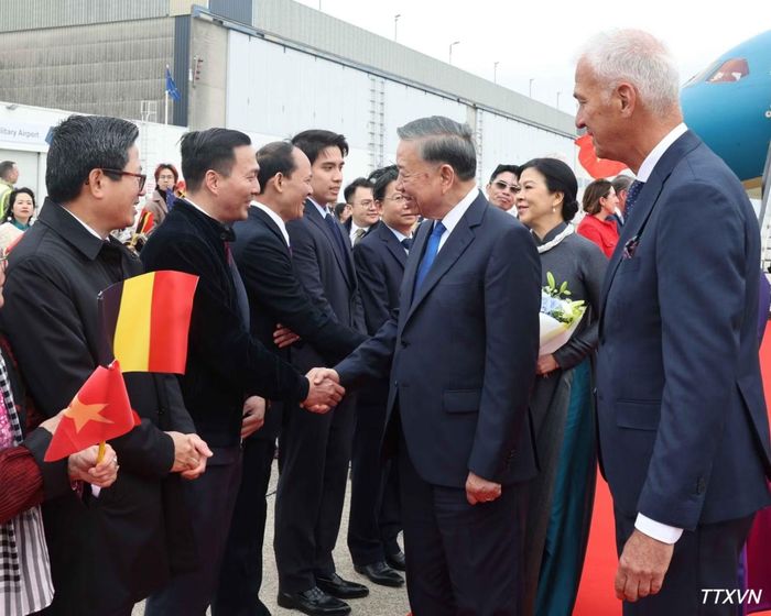  Cán bộ, nhân viên Đại sứ quán và cộng đồng người Việt Nam đón Tổng Bí thư, Chủ tịch nước Tô Lâm﻿ và Phu nhân Ngô Phương Ly tại sân bay quân sự Melsbroek, Brussels. (Ảnh: Thống Nhất/TTXVN) 