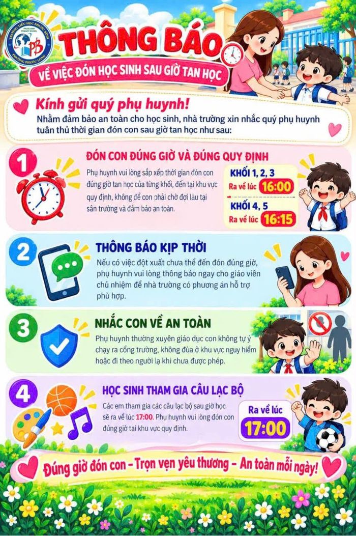  Thông báo của Trường Tiểu học Phước Bình (phường Phước Long) về việc phối hợp đón học sinh sau giờ tan học. 