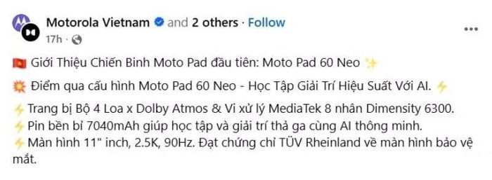 Thông tin trên fanpage của Motorola Việt Nam.