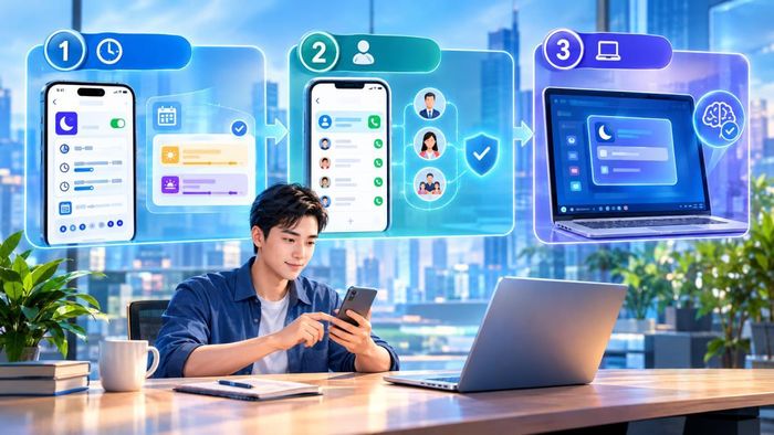 Quy trình ba bước tối ưu hóa không gian làm việc số bao gồm thao tác ấn định khung giờ làm việc tập trung tự động, thiết lập danh bạ liên lạc khẩn cấp dự phòng và khởi động phiên làm việc sâu trên hệ thống máy vi tính. Đồ hoạ: Thái Bình