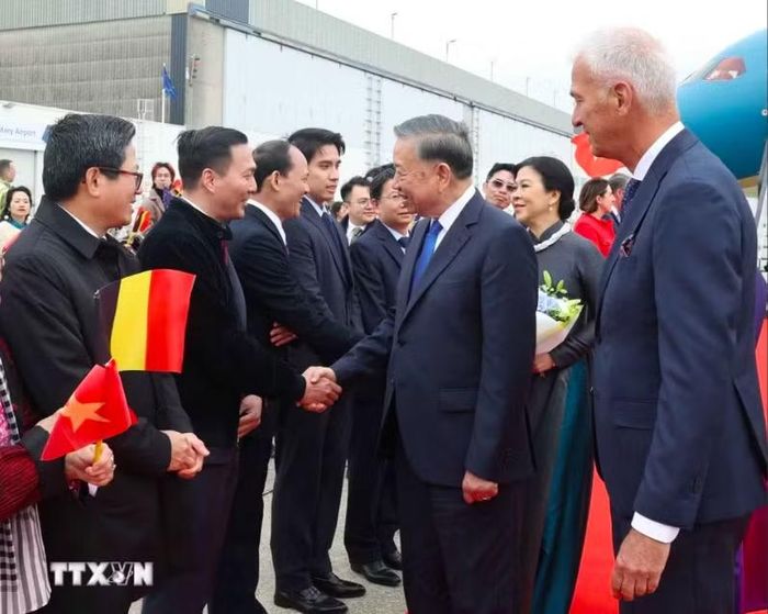 Cán bộ, nhân viên Đại sứ quán và cộng đồng người Việt đón Tổng Bí thư, Chủ tịch nước Tô Lâm và Phu nhân tại sân bay quân sự Melsbroek, Brussels. Ảnh: TTXVN