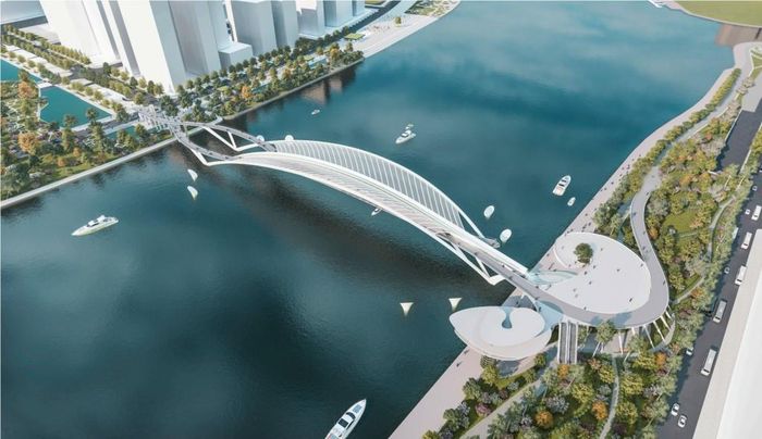 Cầu đi bộ qua sông Sài Gòn dự kiến hoàn thành trước Tết Nguyên đán 2027. Ảnh: Tuấn Kiệt