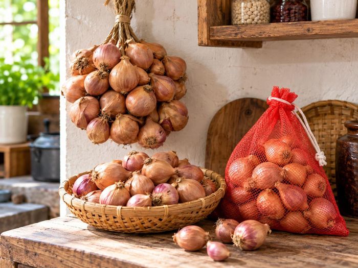 Bảo quản hành khô nguyên củ ở nhiệt độ phòng khoảng 1-2 tháng. Ảnh: AI
