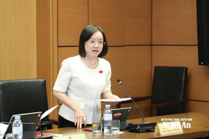 Đại biểu Thái Thị An Chung - Phó trưởng Đoàn chuyên trách Đoàn ĐBQH tỉnh phát biểu thảo luận tổ. Ảnh: Khánh Duy