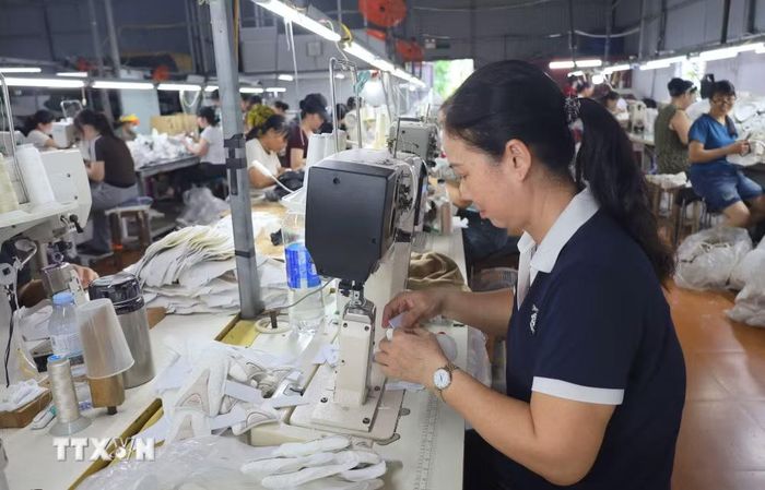 Chị Nguyễn Thị Huê, người dân xã Kiến Hưng (Hải Phòng) được làm việc tại doanh nghiệp đóng trên địa bàn. (Ảnh: Minh Thu/TTXVN)
