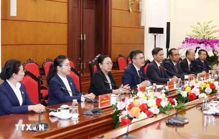 Đoàn đại biểu Trung ương Đoàn Thanh niên Nhân dân Cách mạng Lào tại buổi tiếp. (Ảnh: Phương Hoa/TTXVN)