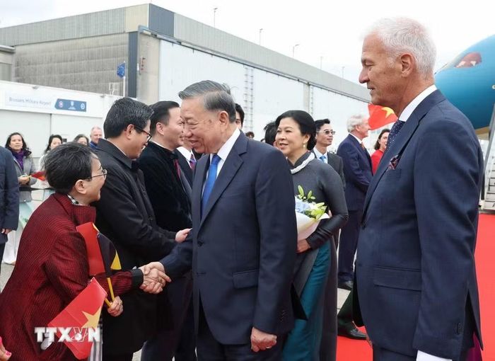 Cán bộ, nhân viên Đại sứ quán và cộng đồng người Việt Nam đón Tổng Bí thư, Chủ tịch nước Tô Lâm và Phu nhân Ngô Phương Ly tại Sân bay quân sự Melsbroek, Brussels. (Ảnh: Thống Nhất/TTXVN)