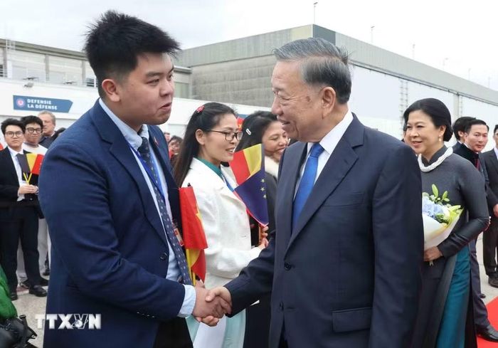 Cán bộ, nhân viên Đại sứ quán và cộng đồng người Việt Nam đón Tổng Bí thư, Chủ tịch nước Tô Lâm và Phu nhân Ngô Phương Ly tại Sân bay quân sự Melsbroek, Brussels. (Ảnh: Thống Nhất/TTXVN)