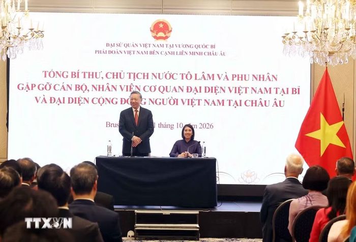 Tổng Bí thư, Chủ tịch nước Tô Lâm nói chuyện thân mật với cán bộ, nhân viên Đại sứ quán Việt Nam tại Bỉ và đại diện cộng đồng người Việt Nam tại châu Âu. (Ảnh: Thống Nhất/TTXVN)