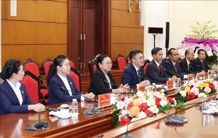 Đoàn đại biểu Trung ương Đoàn Thanh niên Nhân dân Cách mạng Lào tại buổi tiếp. Ảnh: Phương Hoa/TTXVN