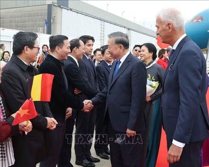 Cán bộ, nhân viên Đại sứ quán và cộng đồng người Việt Nam đón Tổng Bí thư, Chủ tịch nước Tô Lâm và Phu nhân Ngô Phương Ly tại Sân bay quân sự Melsbroek, Brussels. Ảnh: Thống Nhất/TTXVN