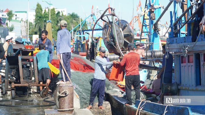 Ngư dân chuyển khay cá lên tàu sau khi hoàn thành bốc dỡ.