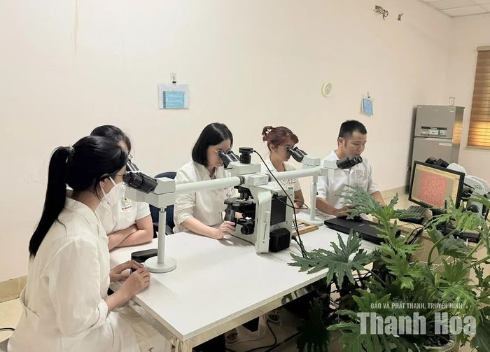 Thạc sĩ, bác sĩ Nguyễn Thị Ngần cùng đồng nghiệp hội chẩn ca bệnh khó trên kính hiển vi 5 đầu.