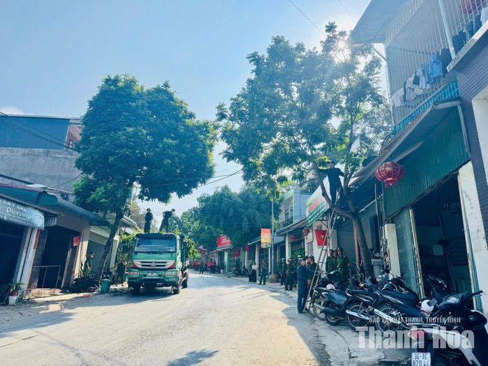 Các lực lượng tham gia cắt tỉa cây xanh che khuất tầm nhìn.