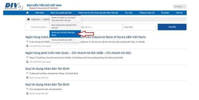 Danh sách tổ chức tham gia Bảo hiểm Tiền gửi trên website Bảo hiểm Tiền gửi Việt Nam (div.gov.vn).